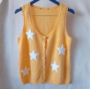 Yellow Star Patterned Knit Vest Sleeveless Button Down Sweater Top Size M